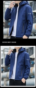 Detail of dark blue hooded jacket featuring white sleeve print and side zipper pocket