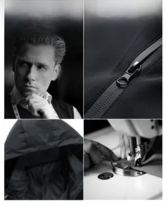 Detail of durable metal zipper and stitching on a black men's hooded work jacket