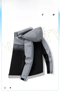 Detail of outdoor hooded jacket with grey and black color-blocking and zipper pocket