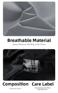 Close-up of gray polyester fabric and black mesh lining with a stitched care label