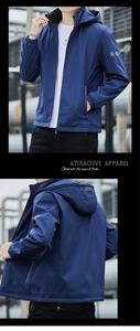 Detail view showing hooded windproof jacket with waterproof fabric and zip pockets
