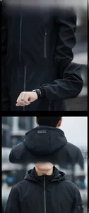 Detailed views of black waterproof ski jacket features including zippers and hoods