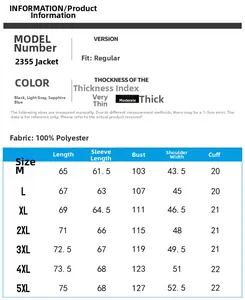 Detailed size chart for men's hooded jacket showing measurements from M to 5XL