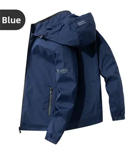 Detail of blue hooded jacket showing the AQUATECH print and elastic cuffs