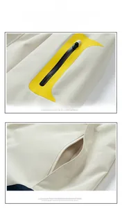 Close-up of waterproof heat-sealed zipper pocket and beige technical outdoor fabric