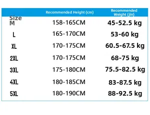Men's hooded sports jacket size chart with height and weight guide from size M to 5XL