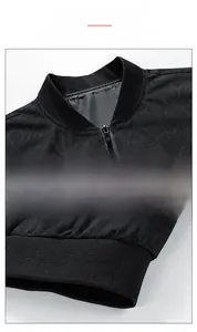 Detail view of black men's casual jacket showing ribbed baseball collar and leaf texture