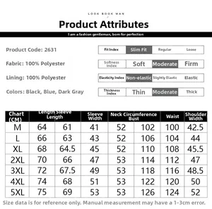 Detailed sizing chart and material specs for the polyester casual stand collar jacket