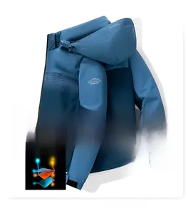 Close-up of dark blue hooded windbreaker jacket with adjustable Velcro cuffs and logo