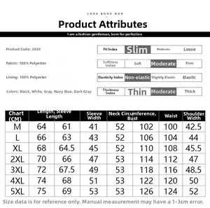 Detailed size chart for men's casual jacket showing measurements from size M to 5XL