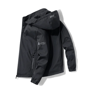 Men's slim-fit hooded windbreaker jacket in matte black technical fabric with side pockets