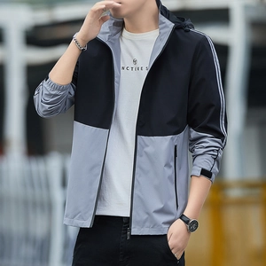 Men's outdoor jacket with detachable hood in black and grey color-block style