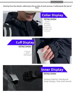 Detail view of hooded windbreaker featuring adjustable drawstrings and elastic cuffs