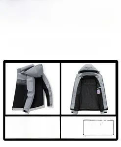 Detailed close-up showing the mesh lining and waterproof stitching on the gray hooded jacket