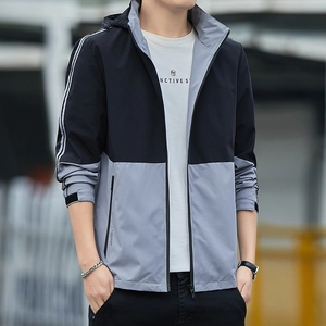 Men's outdoor windbreaker hooded jacket with black and grey color-block design