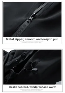 Detail of smooth metal zipper and adjustable drawstring on black hooded outdoor jacket