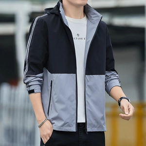 Men's outdoor windproof jacket with detachable hood and stylish black-grey color block design