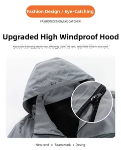 Detail view of grey windproof jacket showing detachable hood and adjustable collar drawstring