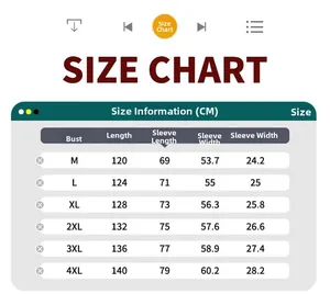 Tabella taglie dettagliata per la giacca unisex con cappuccio dalla M alla 4XL