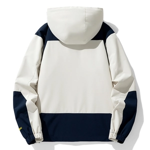 Outdoor waterproof windbreaker jacket in beige and navy blue colorblock design