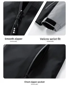 Outdoor jacket detail with smooth zipper, velcro cuffs, and hidden chest pocket