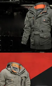 Tactical outdoor jacket details with high collar, multi-pockets, and ripstop texture