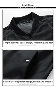Detail of baseball collar and welt pockets with buttons on black men's casual jacket