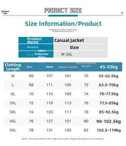 Tableau des tailles détaillé pour veste décontractée avec mesures du M au 5XL