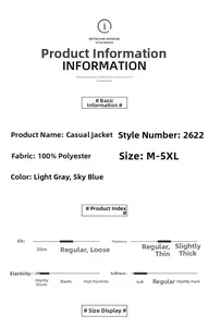Detailed size and material specifications for hooded windbreaker jacket with 100% polyester