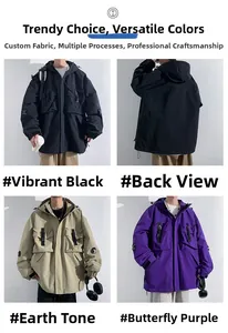 Detailed views of multi-pocket hooded tactical jackets in black, earth tone and purple