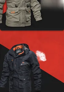 Detail of outdoor utility jackets with multi-pockets, adjustable waist and contrast lining