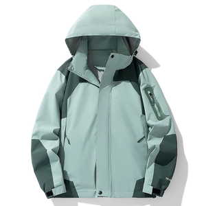 Waterproof outdoor hooded jacket in mint and dark green contrast patchwork design