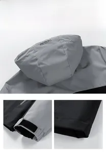 Detail of hooded jacket with adjustable velcro cuffs and windproof fabric stitching