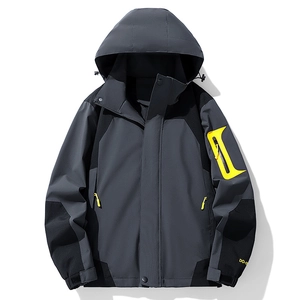 Men's outdoor hooded windbreaker in dark grey and black waterproof fabric with yellow accents