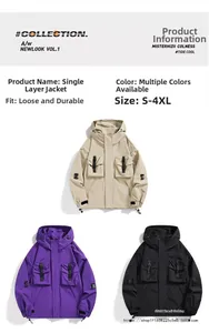 Detail view of water-resistant outdoor jacket showing multiple color options and cargo pockets
