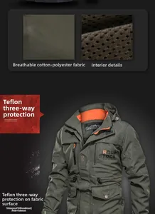 Detail of waterproof Teflon fabric and mesh lining on green tactical outdoor jacket