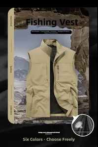 Detail view of khaki fishing vest showing breathable inner mesh lining and multi-pockets
