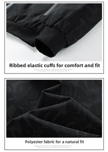 Close-up of ribbed elastic cuffs and dark leaf pattern on polyester jacket fabric
