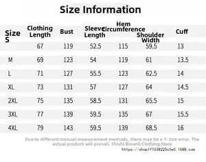 Detailed size chart with measurements for outdoor mountain jackets ranging from S to 4XL