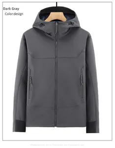 Vista frontale della giacca softshell uomo grigio scuro con cappuccio e tasche con zip