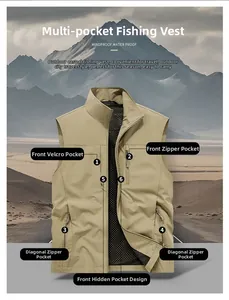 Detail view of khaki tactical vest with windproof fabric and functional utility pockets