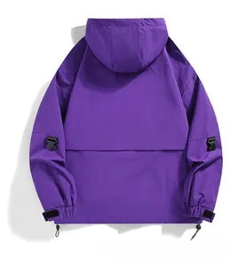Detail view of purple hooded jacket back with adjustable drawstrings and velcro cuffs