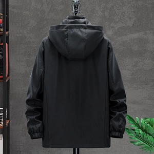 Men's black hooded windbreaker jacket with back view design and elastic cuffs