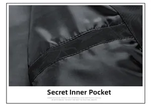 Detail view of high-density windproof black jacket featuring a secure inner pocket design