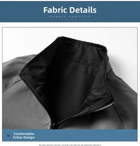 Détail d'une veste grise décontractée montrant le col montant et la fermeture noire