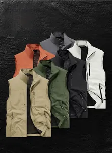 Detailed view of lightweight fishing vests in six colors with breathable mesh lining