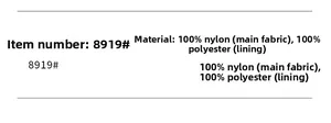 Etichetta del materiale con 100% Nylon e fodera 100% Poliestere per l'articolo 8919
