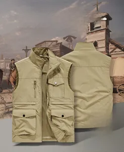 Detail view of multi-pocket khaki outdoor fishing vest with zipper and mesh lining