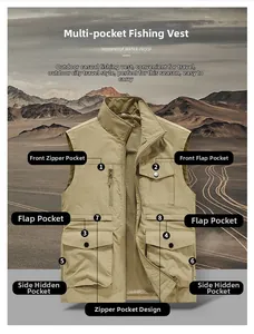 Detail view of khaki multi-pocket fishing vest with breathable mesh lining and zippers