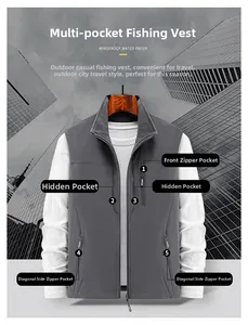 Detail of dark grey multi-pocket fishing vest showing functional waterproof zippers
